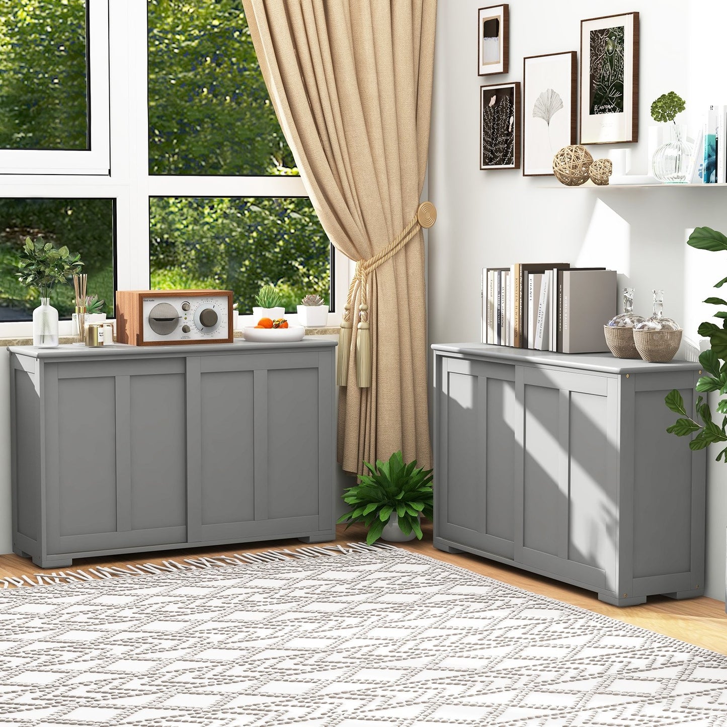 Kitchen Storage Cupboard Cabinet with Sliding Door-Black