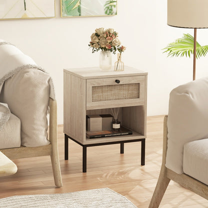 Rattan Nightstand Boho End Table with Rattan Drawer and Open Shelf-Natural