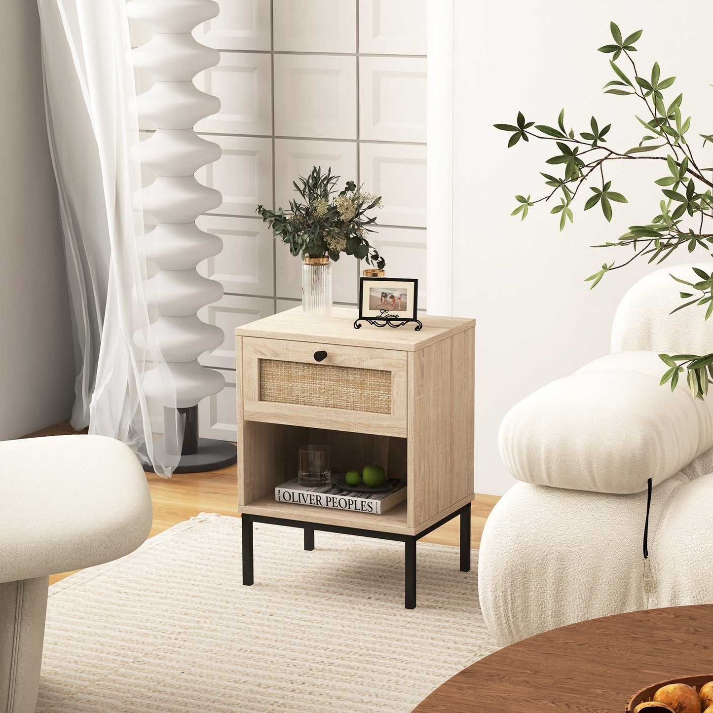 Rattan Nightstand Boho End Table with Rattan Drawer and Open Shelf-Natural