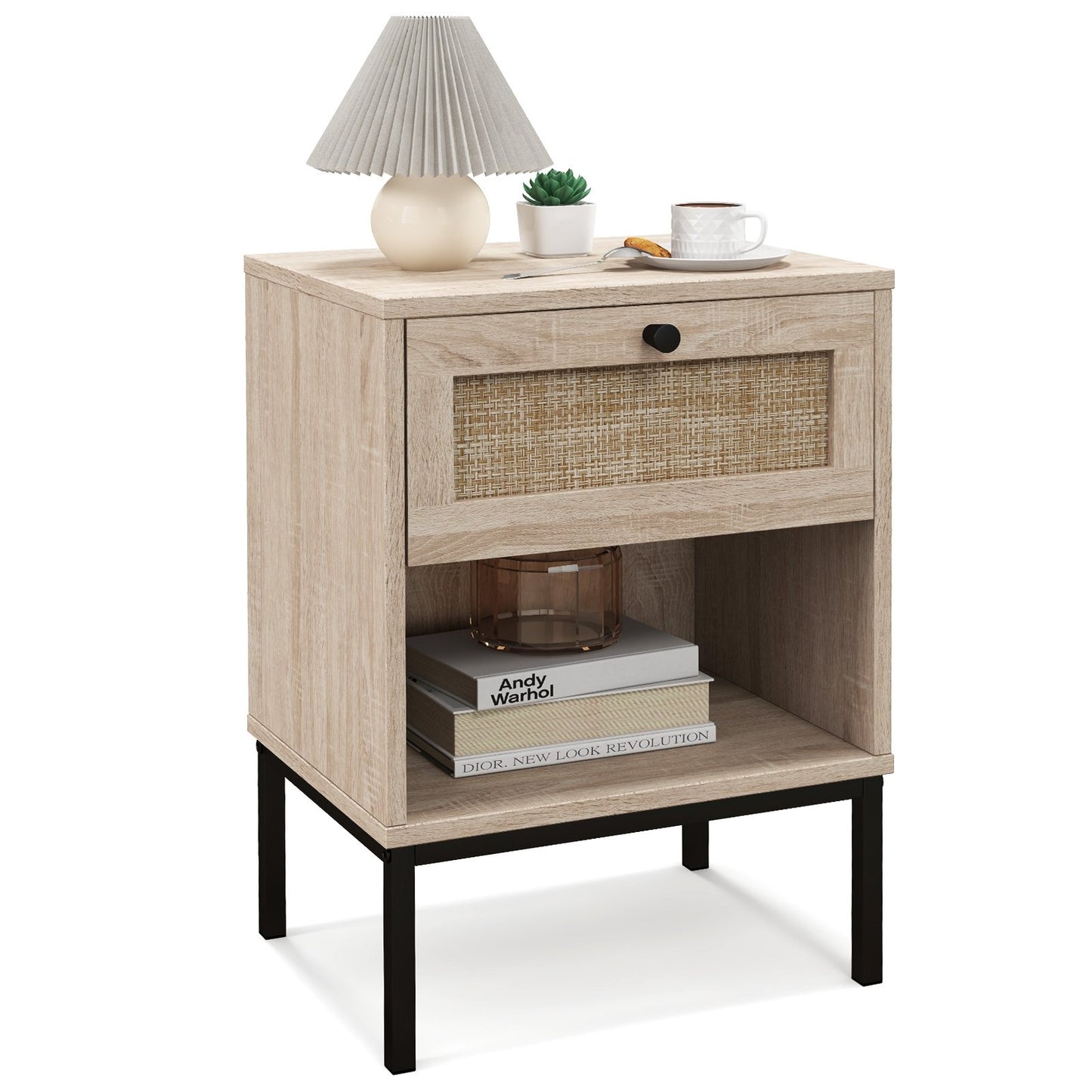 Rattan Nightstand Boho End Table with Rattan Drawer and Open Shelf-Natural