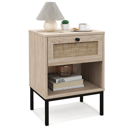 Rattan Nightstand Boho End Table with Rattan Drawer and Open Shelf-Natural