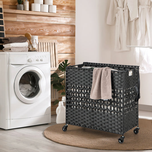 110L 2-Section Laundry Hamper with 2 Removable and Washable Liner Bags-Black