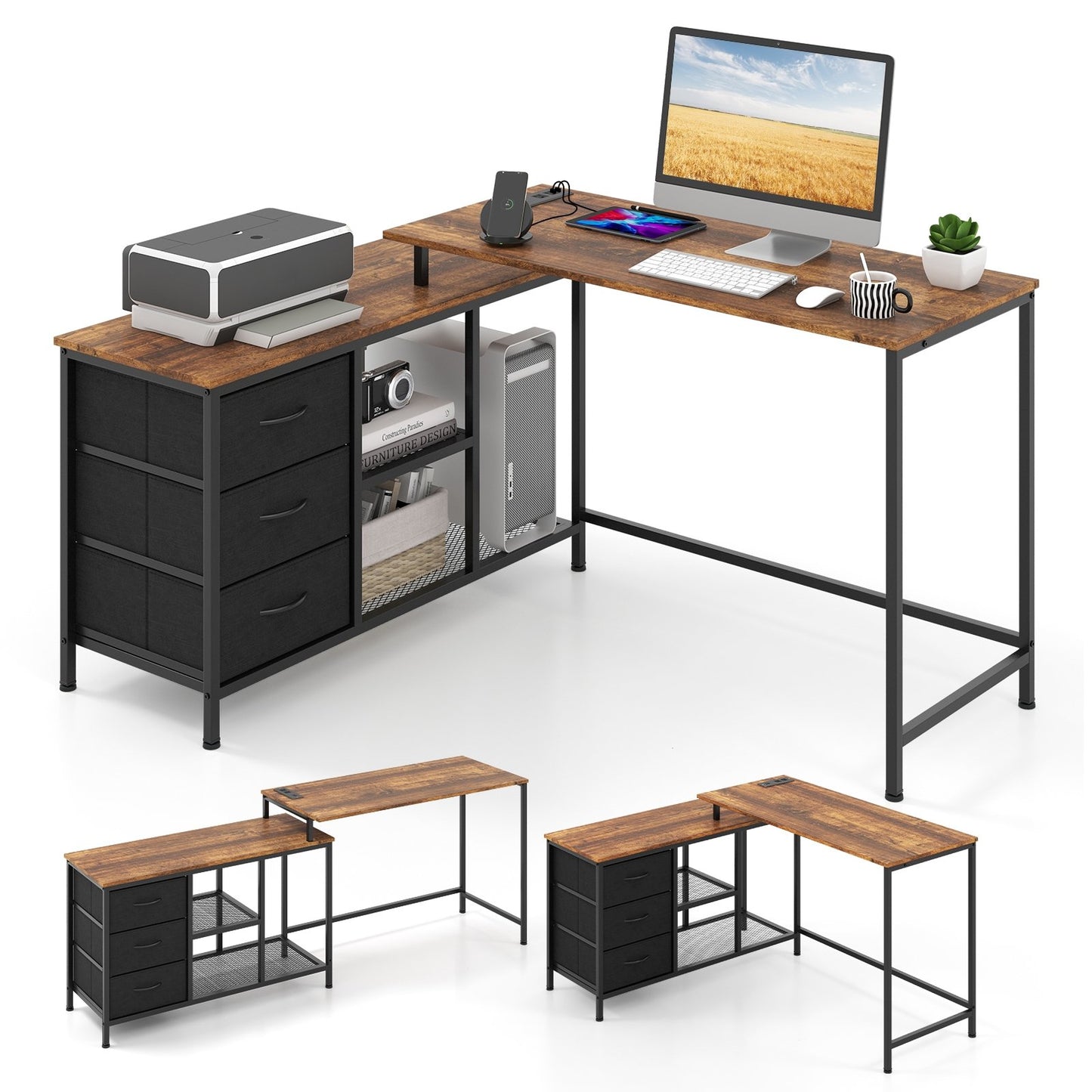 L-shaped Computer Desk with Power Outlet for Working Studying Gaming-Black