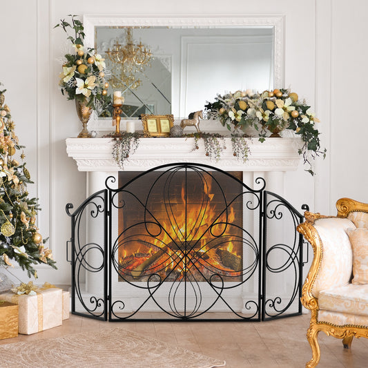 59.5 x 32.5 Inch Fireplace Screen with Floral Pattern-Black