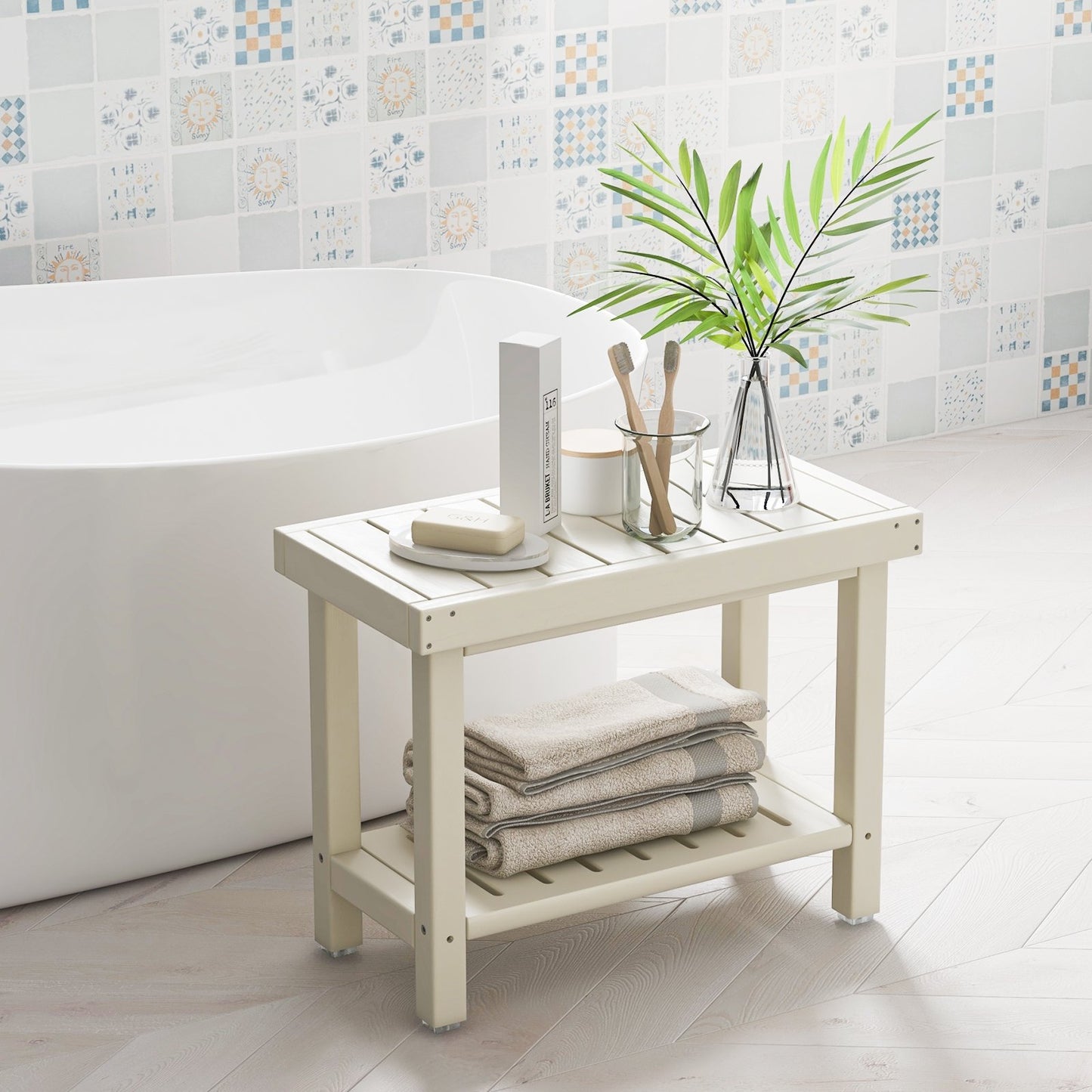 2-Tier HDPE Shower Chair with Storage Shelf and Anti-slip Foot Pads for Bath Spa-Brown
