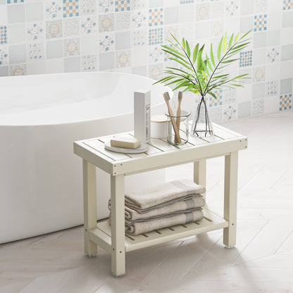 2-Tier HDPE Shower Chair with Storage Shelf and Anti-slip Foot Pads for Bath Spa-Brown