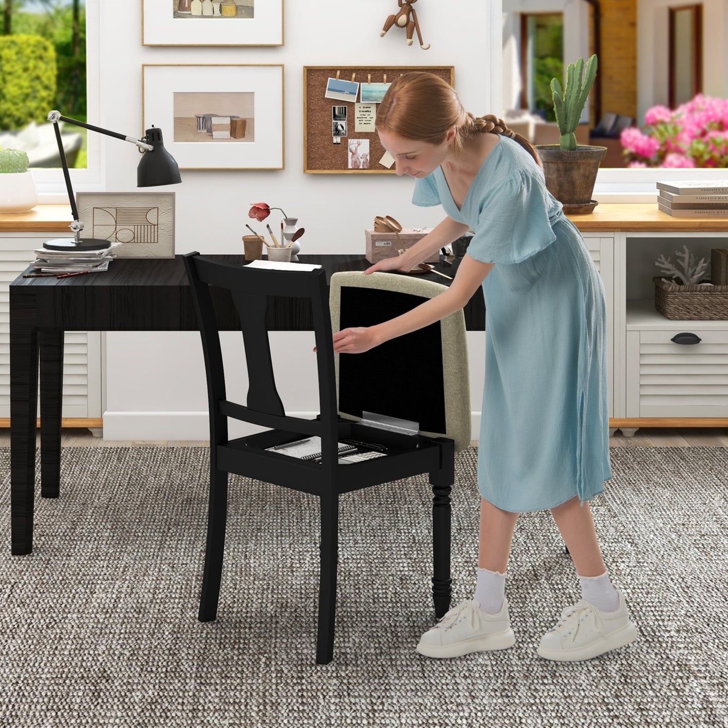 Set of 2 Kitchen Dining Chair with Linen Fabric and Storage Space-Black
