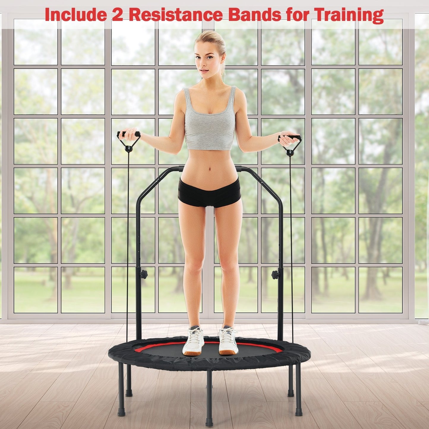 40 Inch Foldable Fitness Rebounder with Resistance Bands Adjustable Home-Blue