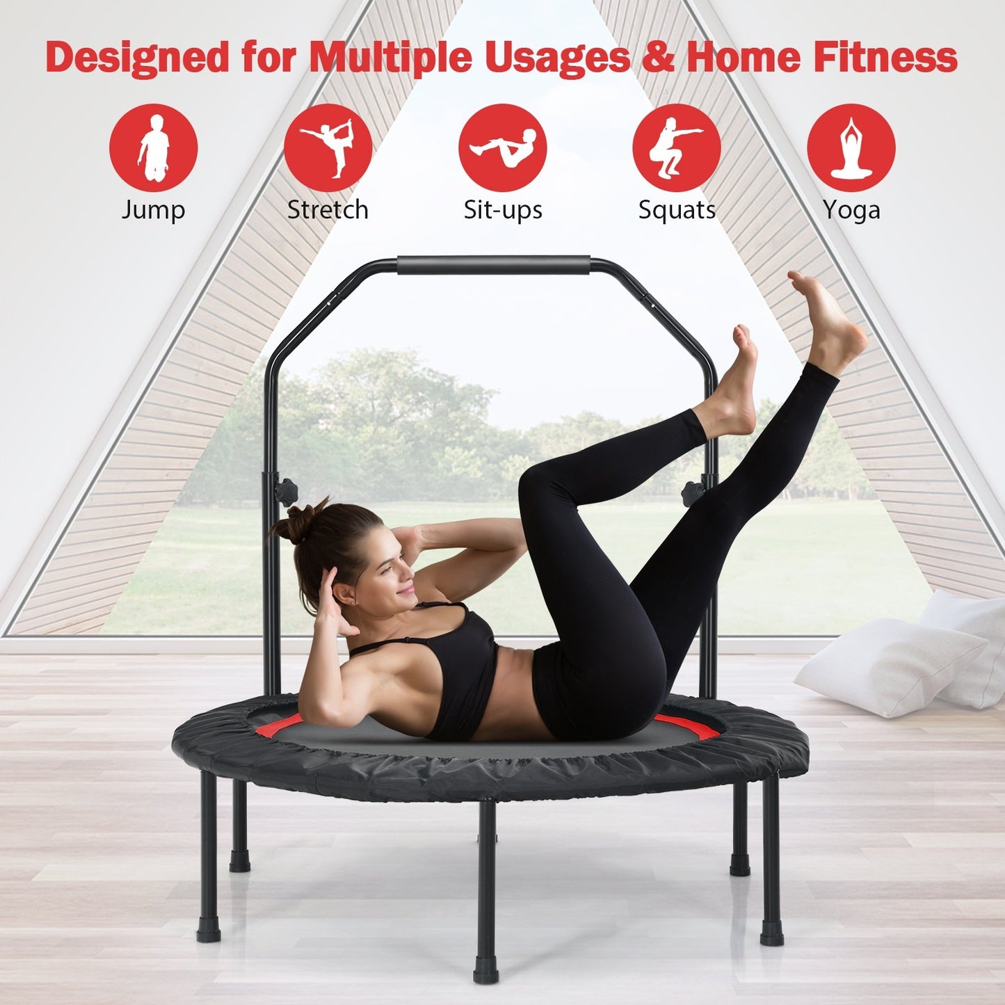 40 Inch Foldable Fitness Rebounder with Resistance Bands Adjustable Home-Blue