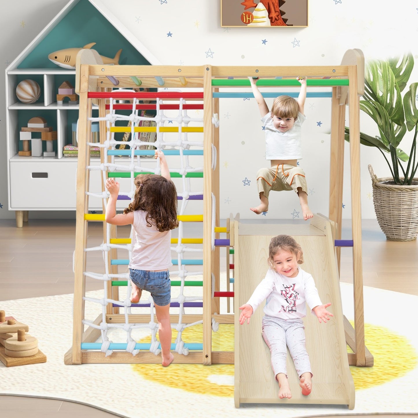 6-in-1 Indoor Jungle Gym Kids Wooden Playground with Monkey Bars-Multicolor