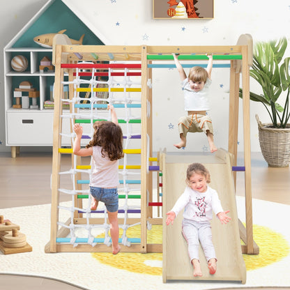 6-in-1 Indoor Jungle Gym Kids Wooden Playground with Monkey Bars-Multicolor