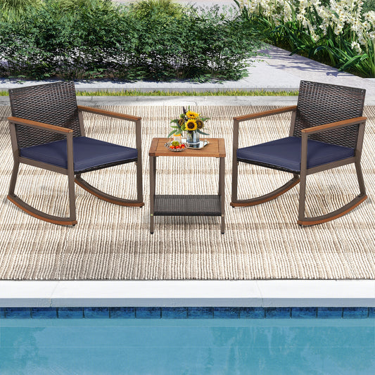 3 Pieces Rattan Rocking Bistro Set with Coffee Table and Cushions-Navy