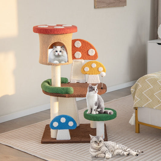 4-In-1 Mushroom Cat Tree with Condo Spring Ball and Sisal Posts-Multicolor