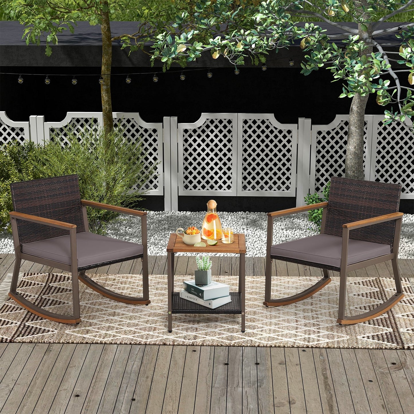 3 Pieces Rattan Rocking Bistro Set with Coffee Table and Cushions-Gray