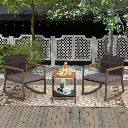 3 Pieces Rattan Rocking Bistro Set with Coffee Table and Cushions-Gray