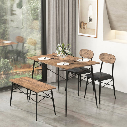 4 Piece Dining Table Set with Bench and 2 Chairs-Brown