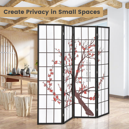 6 Feet Folding Decorative Oriental Privacy Screen with Plum Blossom Design-White