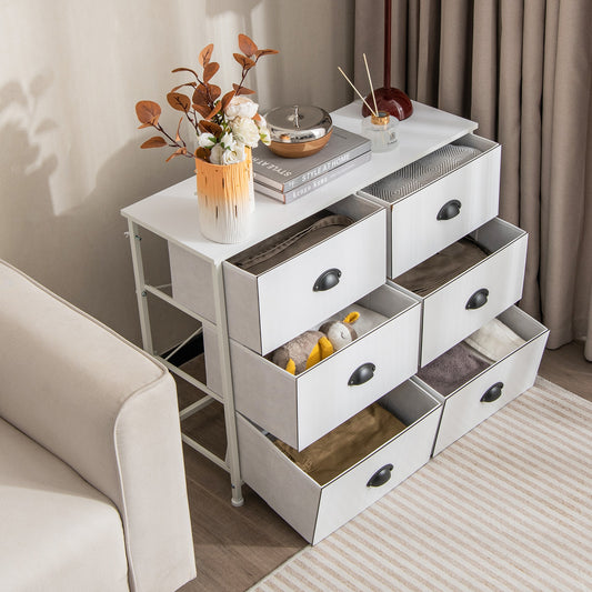 6 Fabric Drawers Storage Chest with Wooden Top-White