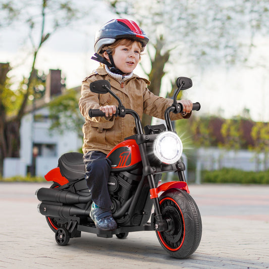 Kids Electric Motorcycle with Training Wheels and LED Headlights-Red