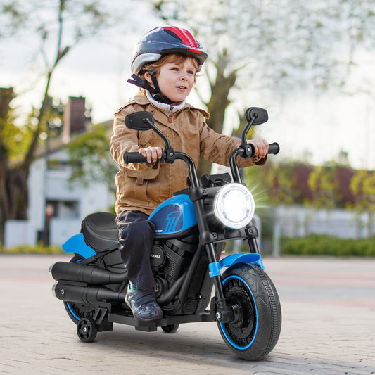 Kids Electric Motorcycle with Training Wheels and LED Headlights-Blue