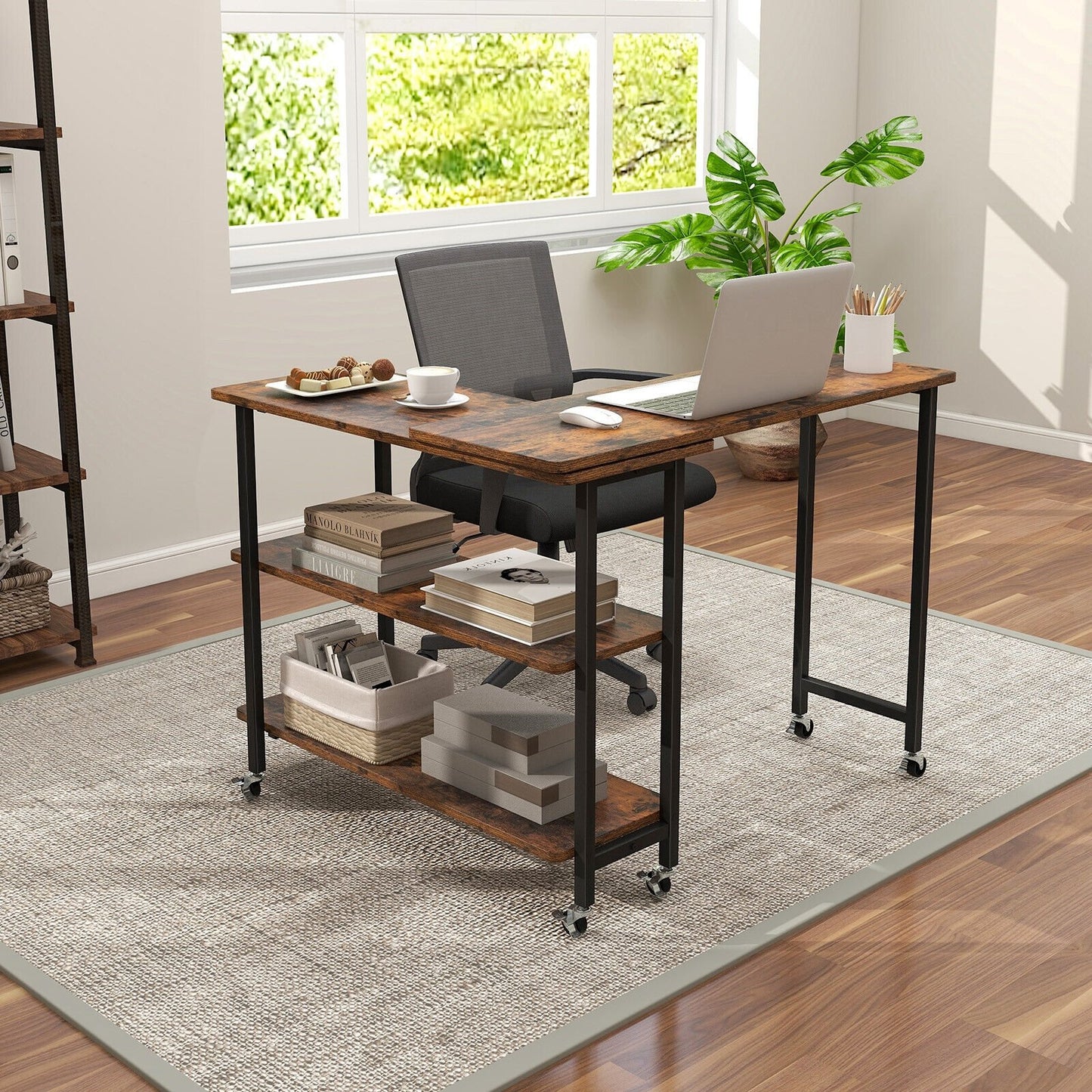 360° Rotating Sofa Side Table with 2-Tier Storage Shelves-Brown