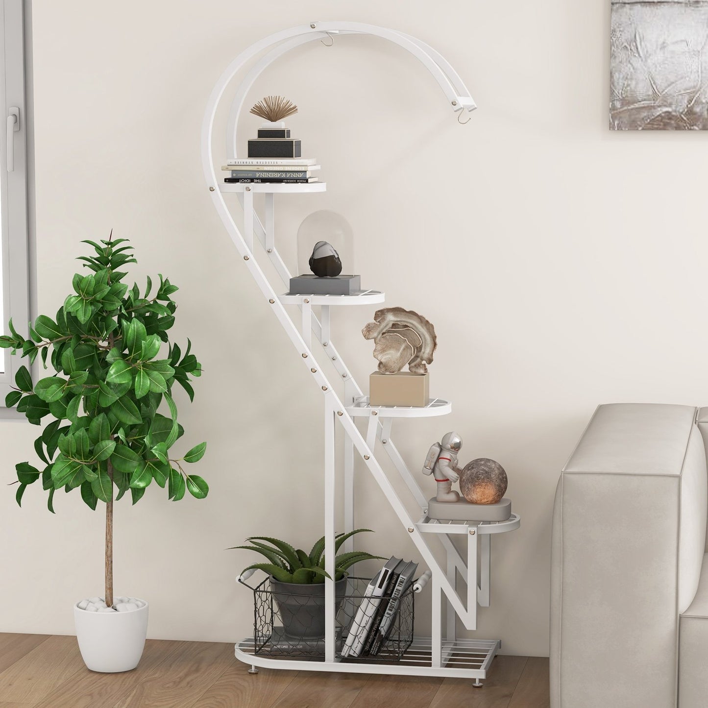 5 Tier Metal Plant Stand with Hanging Hook for Multiple Plants-Black