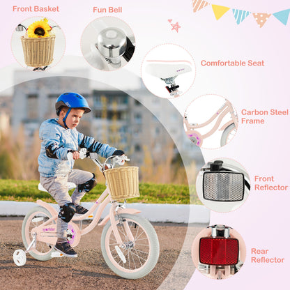 16-Inch Kids Bike with Training Wheels and Adjustable Handlebar Seat-Pink