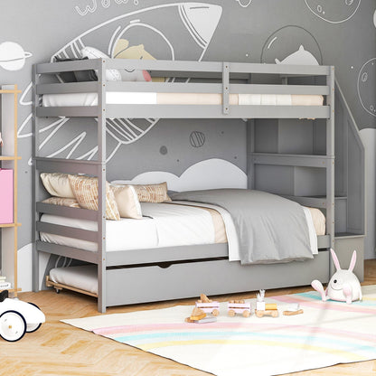 Home Wood Bunk Bed with Guard Rail and 4-step Storage Stairs No Box Spring Needed-Brown
