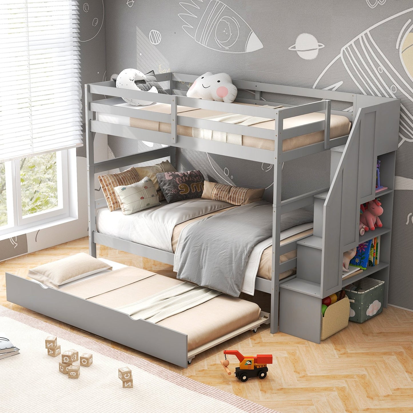 Home Wood Bunk Bed with Guard Rail and 4-step Storage Stairs No Box Spring Needed-Brown