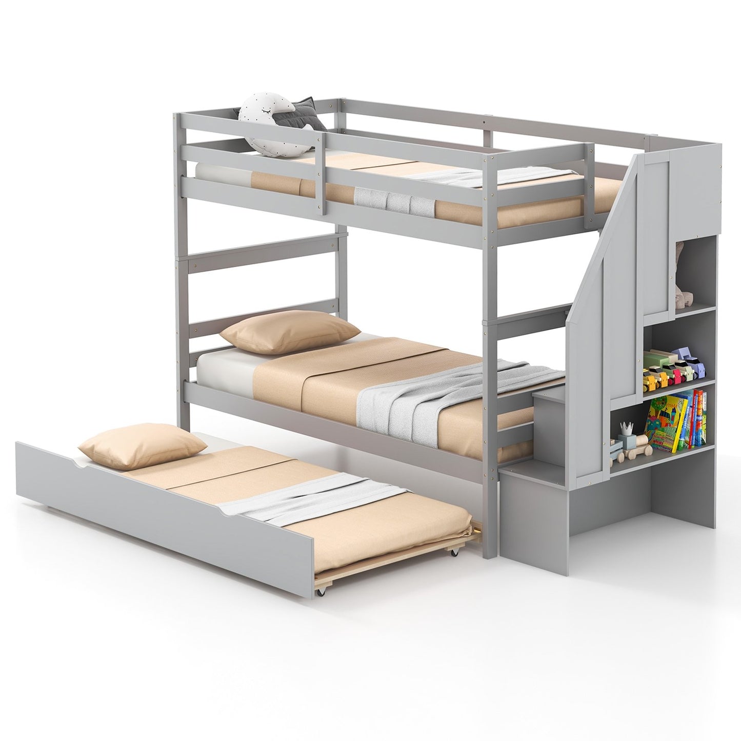 Home Wood Bunk Bed with Guard Rail and 4-step Storage Stairs No Box Spring Needed-Brown
