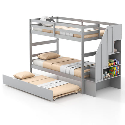 Home Wood Bunk Bed with Guard Rail and 4-step Storage Stairs No Box Spring Needed-Brown