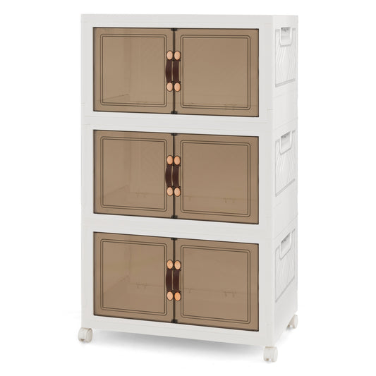 Three stackable storage bins with lockable wheels, made of durable plastic, suitable for organizing living room or home storage.
