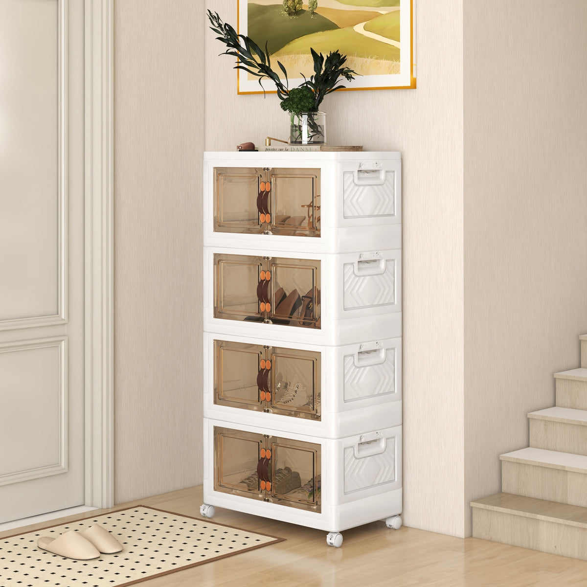 Stackable storage bins with lockable wheels from Wilsons Home Store, four-piece set for organizing living room or furniture storage.
