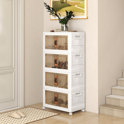 Stackable storage bins with lockable wheels from Wilsons Home Store, four-piece set for organizing living room or furniture storage.