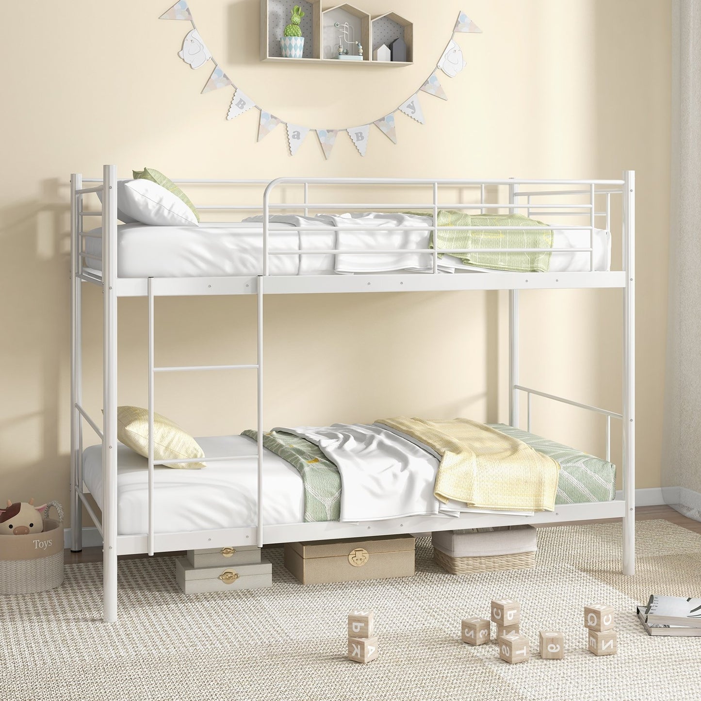 Metal Bunk Bed with Ladder and Full-length Guardrails-Black