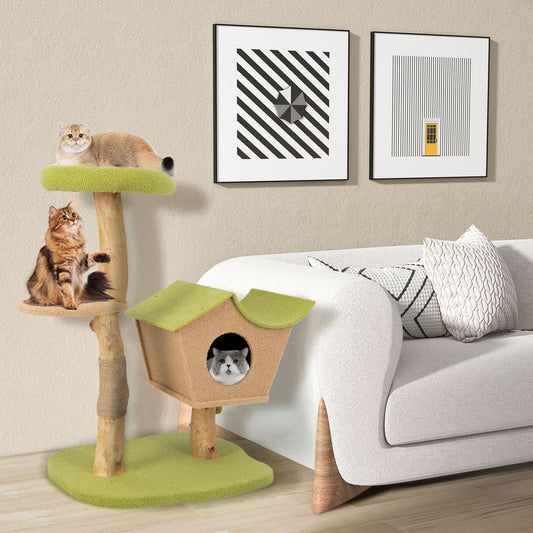 43 Inch Wooden Cat Tree with Padded Top Perch-Green