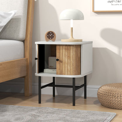 Mid-century Modern Nightstand with Sliding Doors and Storage Cabinet-Black