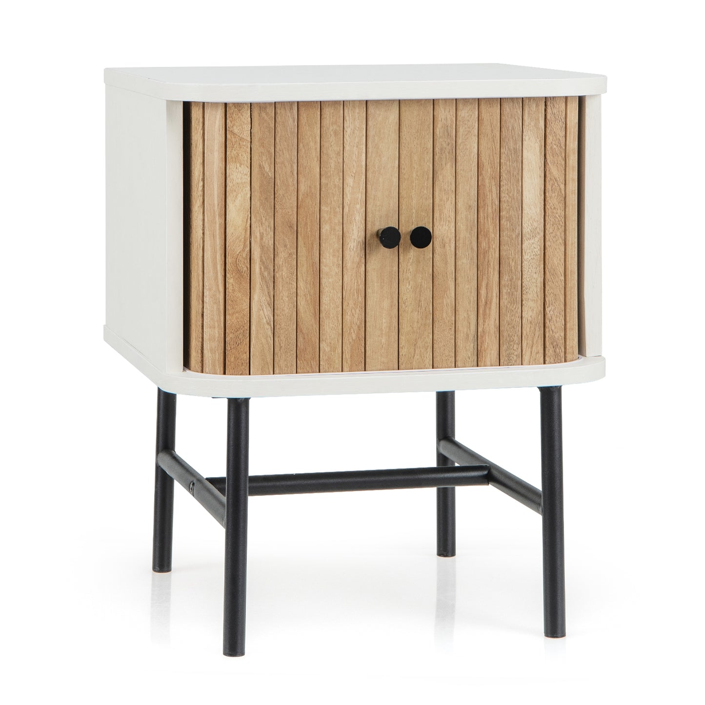 Mid-century Modern Nightstand with Sliding Doors and Storage Cabinet-Black