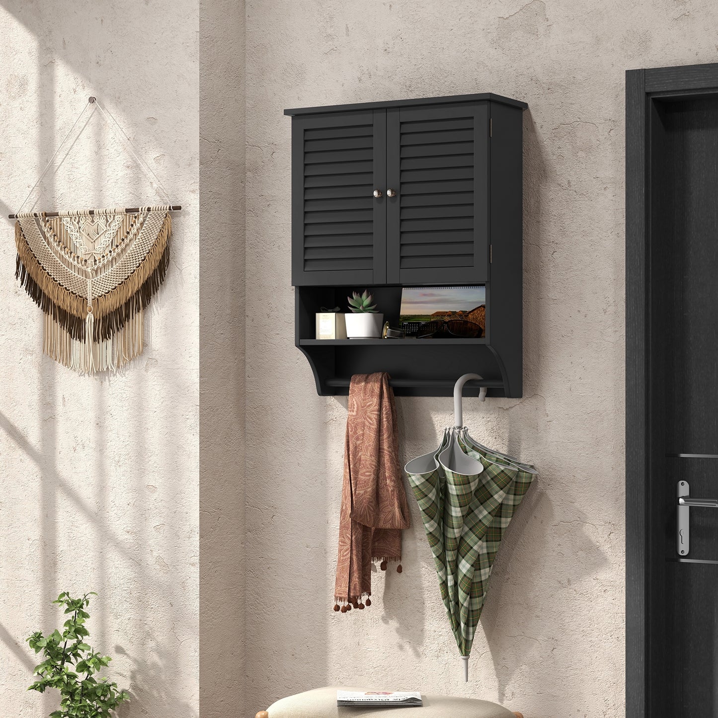 2-Doors Bathroom Wall-Mounted Medicine Cabinet with Towel Bar-Black