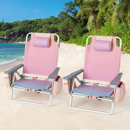 2-Pack Folding Backpack Beach Chair 5-Position Outdoor Reclining Chairs with Pillow-Blue