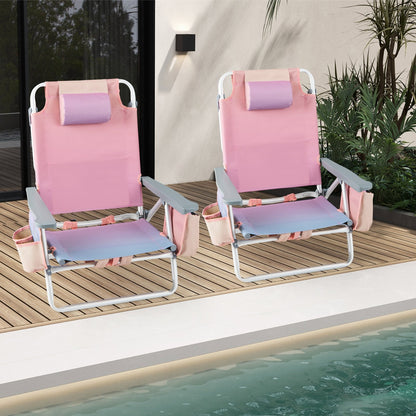 2-Pack Folding Backpack Beach Chair 5-Position Outdoor Reclining Chairs with Pillow-Blue