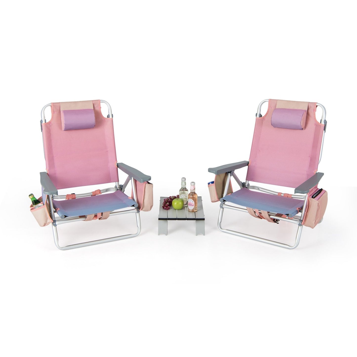 2 Packs 5-Position Outdoor Folding Backpack Beach Table Chair Reclining Chair Set-Blue