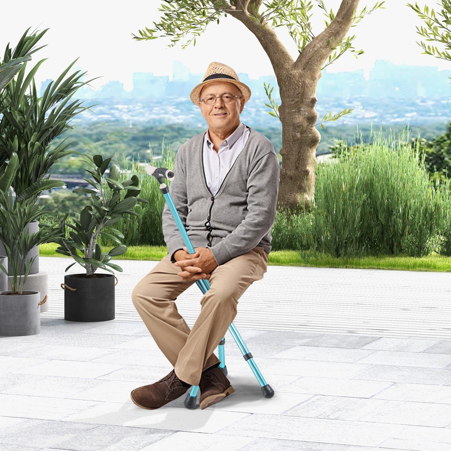 Lightweight Adjustable Folding Cane Seat with Light-Black