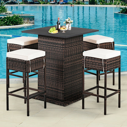 5 Pieces Patio Rattan Bar Table Stool Set Hidden Storage Shelf Cushioned-White