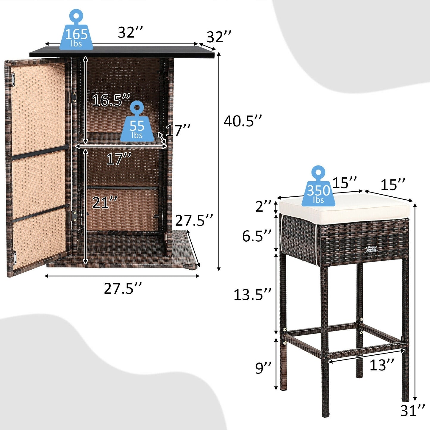 5 Pieces Patio Rattan Bar Table Stool Set Hidden Storage Shelf Cushioned-White