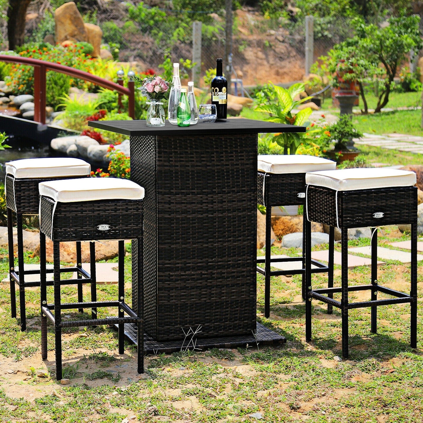 5 Pieces Patio Rattan Bar Table Stool Set Hidden Storage Shelf Cushioned-White