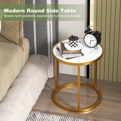 Marble Top Round Side Table 16-Inch End Table with Golden Metal Frame-1 Piece