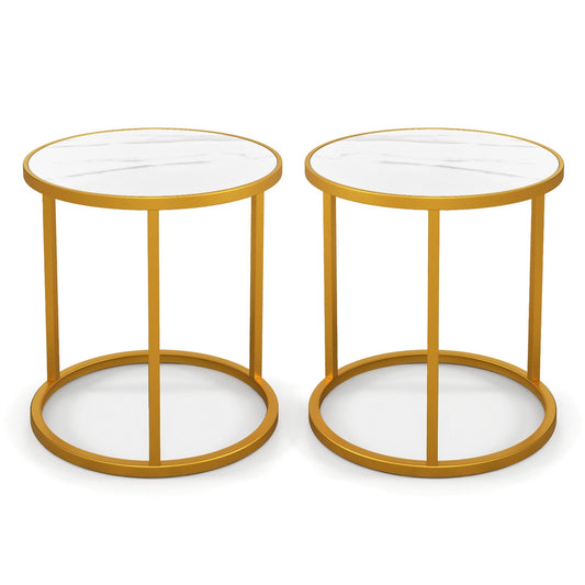 Marble Top Round Side Table 16-Inch End Table with Golden Metal Frame-2 Pieces