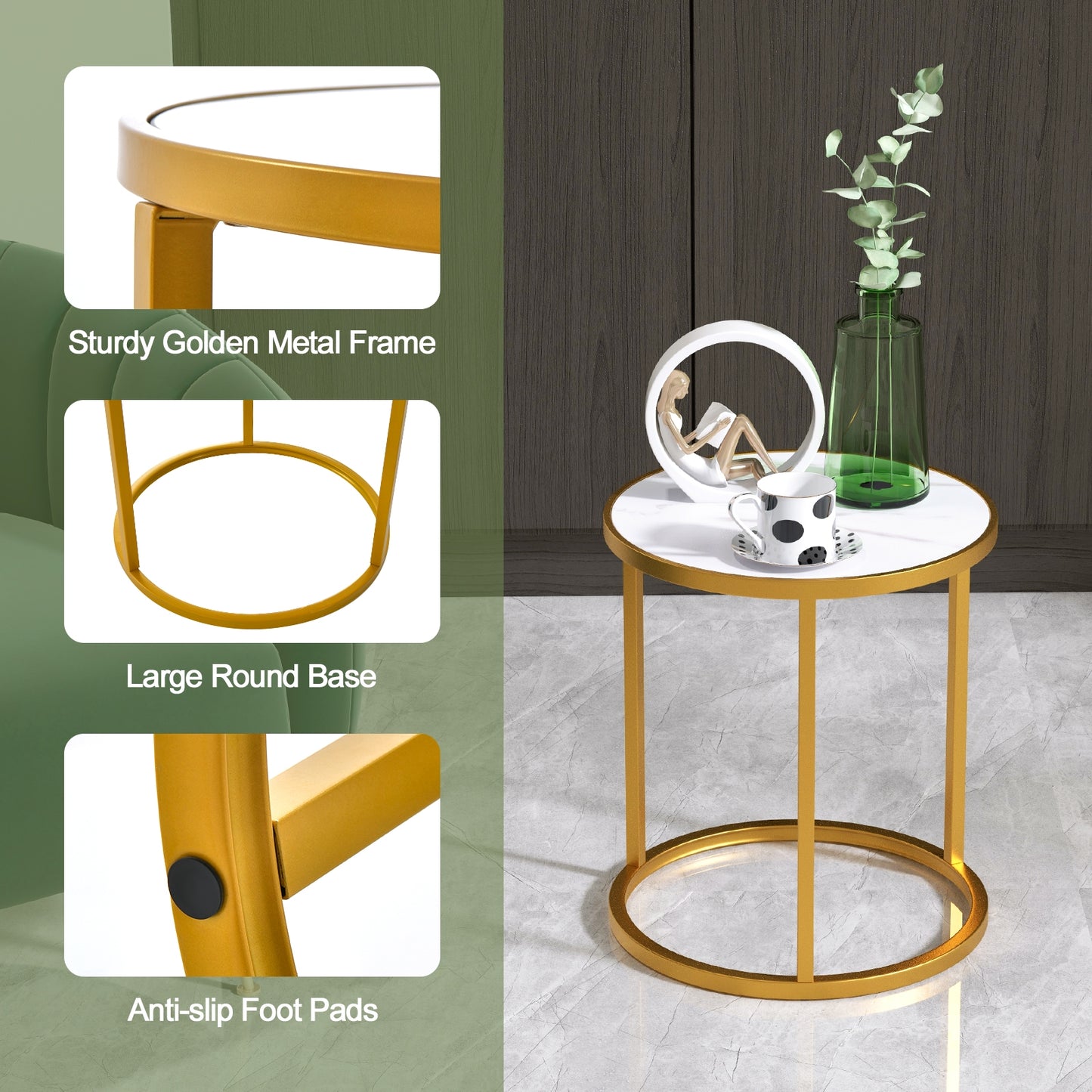 Marble Top Round Side Table 16-Inch End Table with Golden Metal Frame-1 Piece