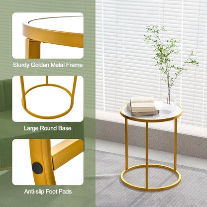 16 Inch Marble Top Round Side Table with Golden Metal Frame for Living Room Bedroom-1 Piece